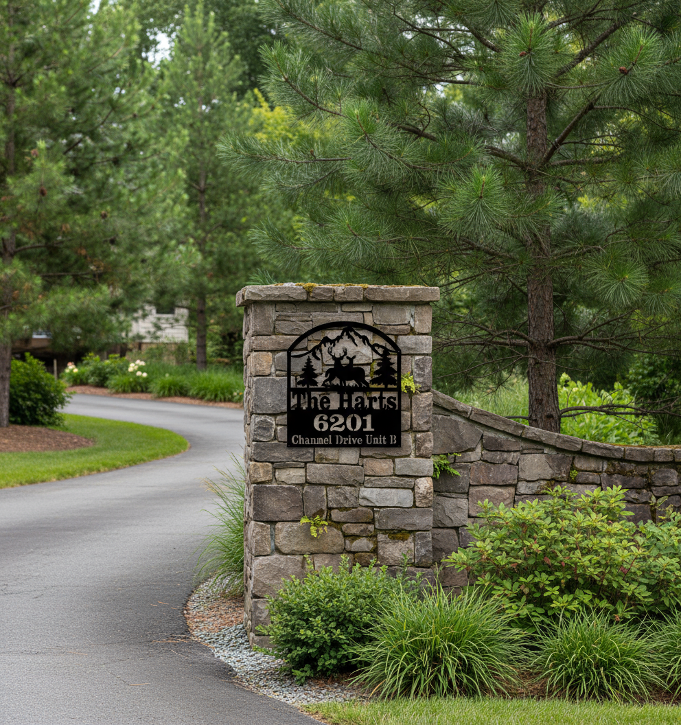Deer address sign on rock wall