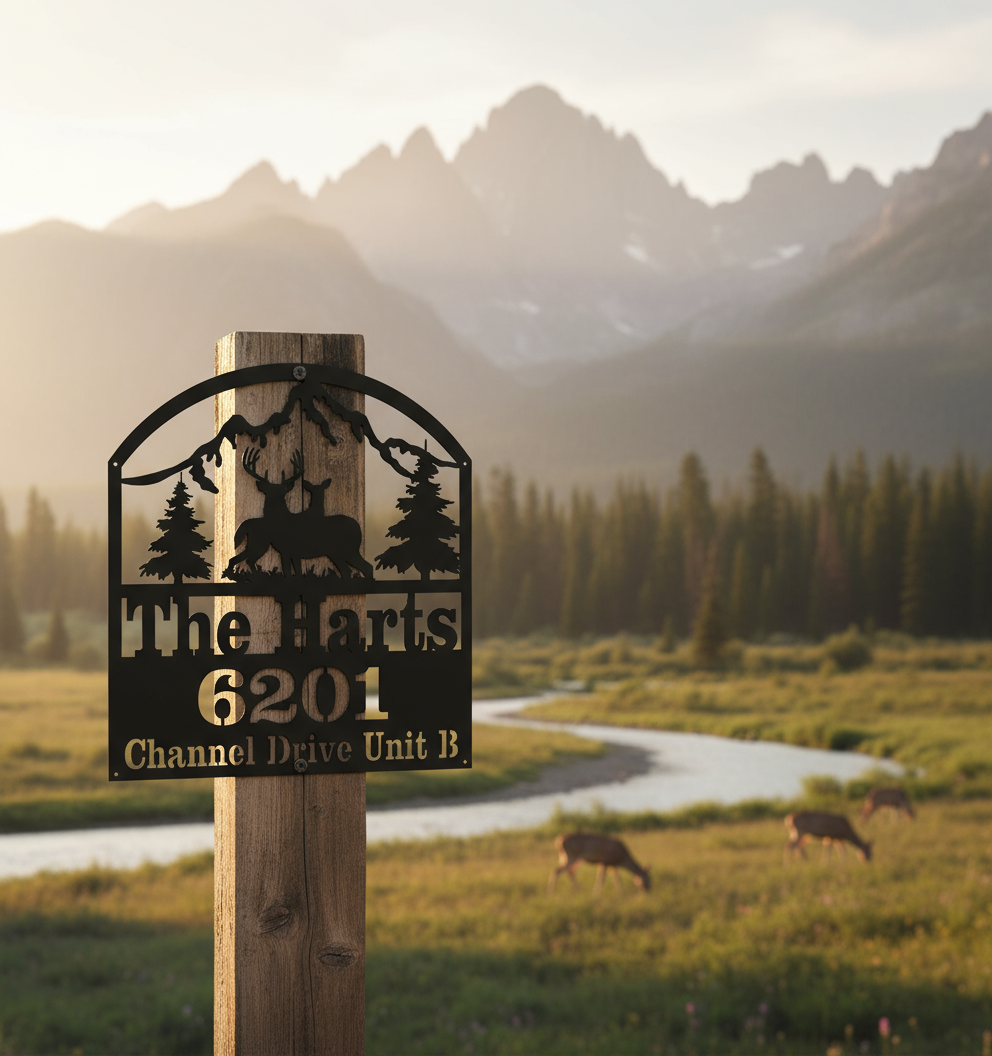 Deer address sign with scenic background