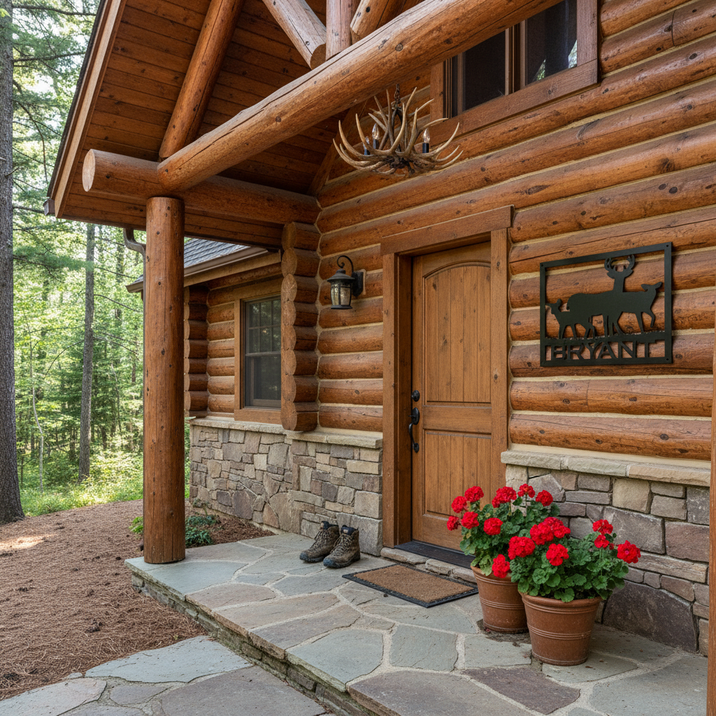 Deer family metal sign at cabin entrance