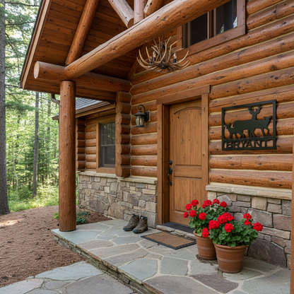 Deer family metal sign at cabin entrance