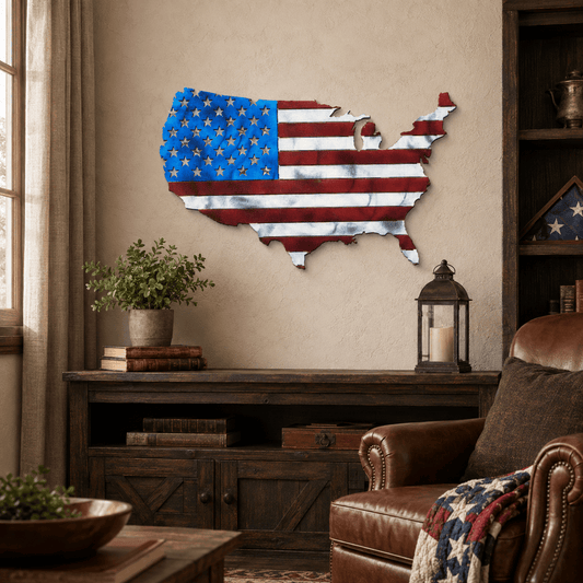 American flag USA map metal wall art displayed in a patriotic home office