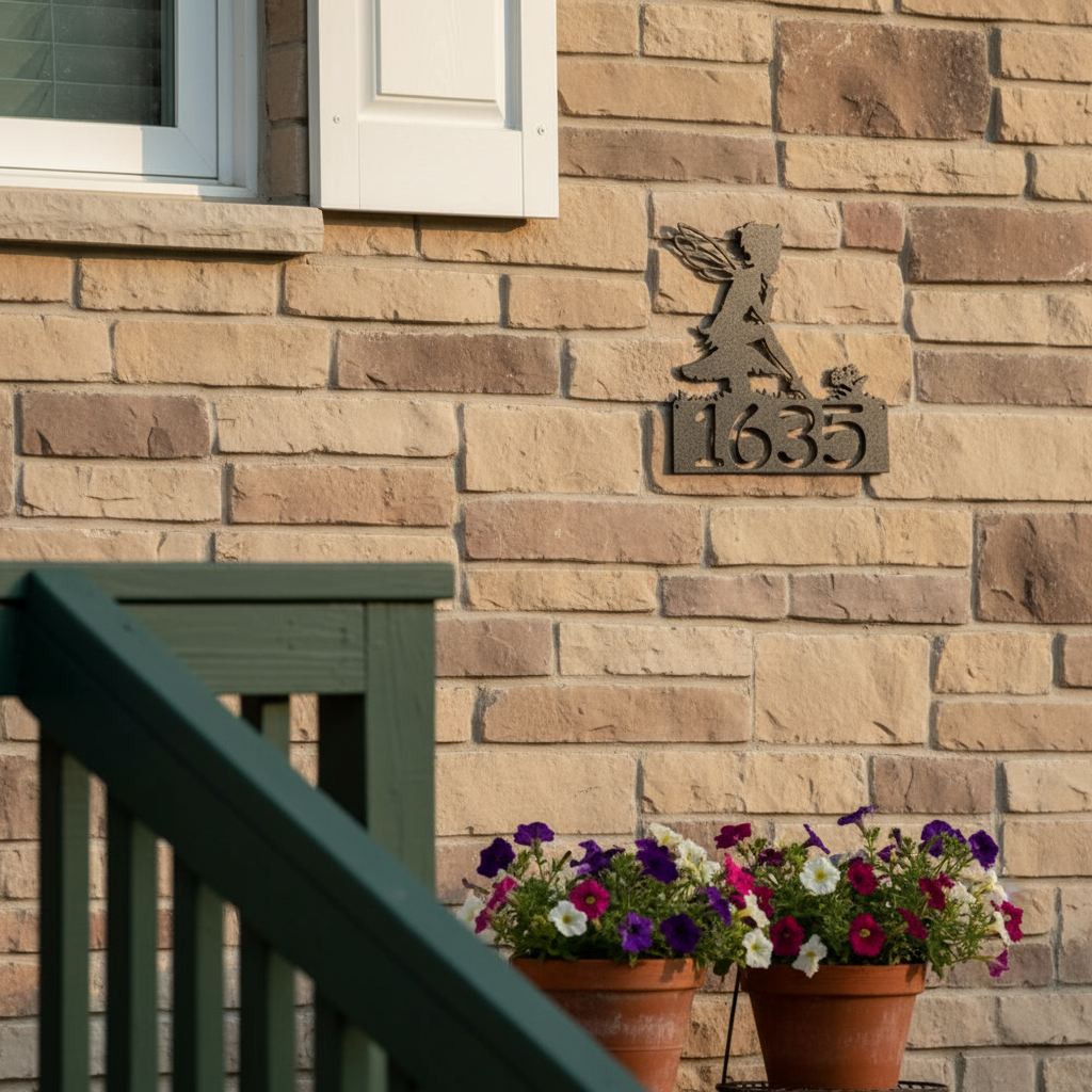 Fairy address sign on front porch wall - zoomed in 5%