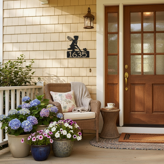 Fairy address sign on front porch wall