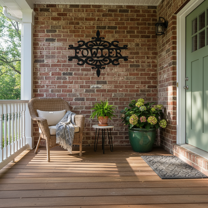 Fancy scrollwork sign on front porch wall
