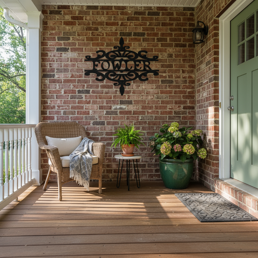 Fancy scrollwork sign on front porch wall