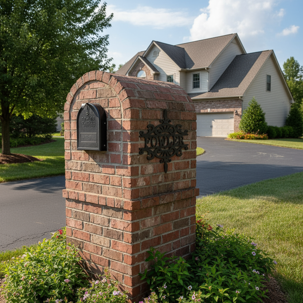 Fancy scrollwork sign on side of brick mailbox
