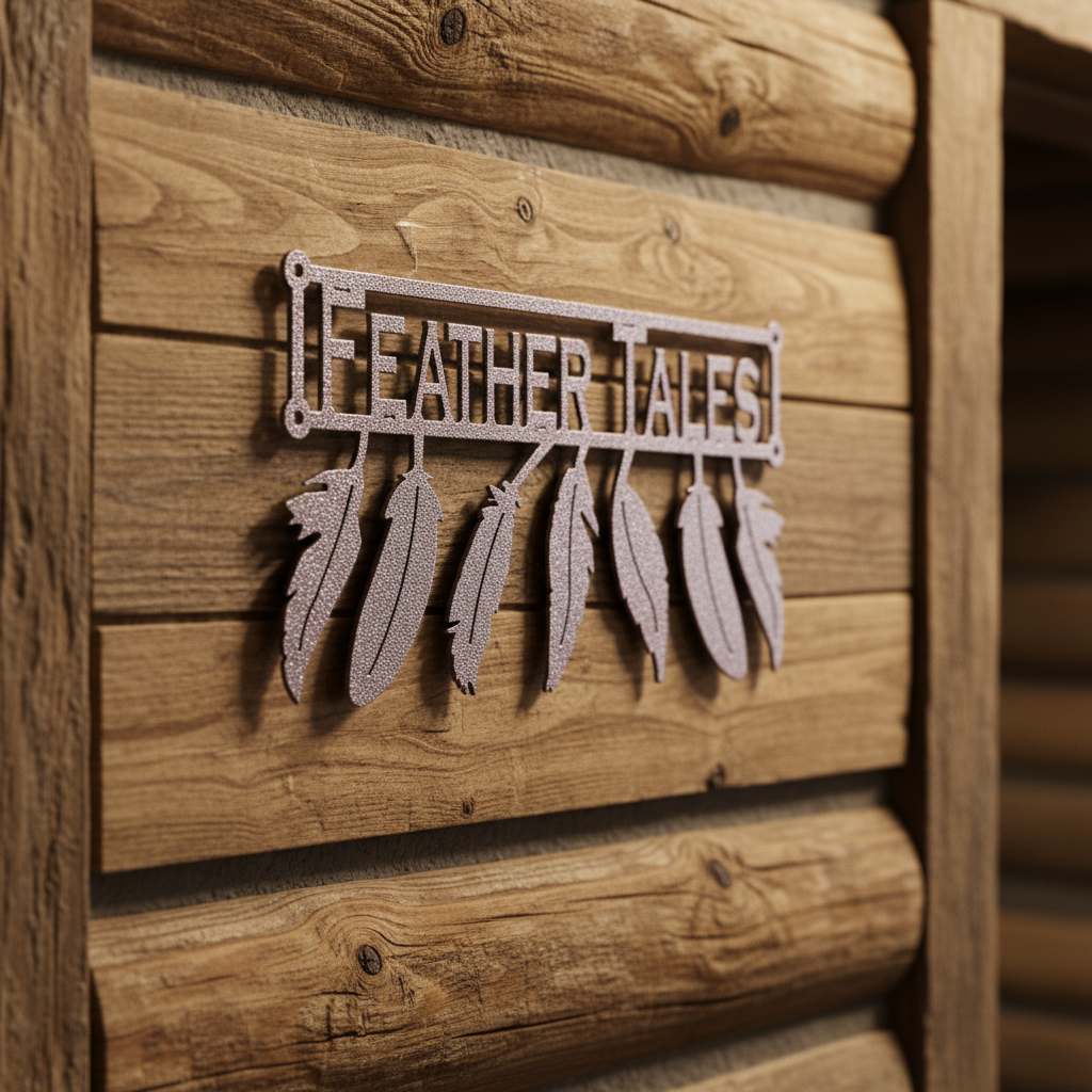 Feather Tales sign close-up in lodge
