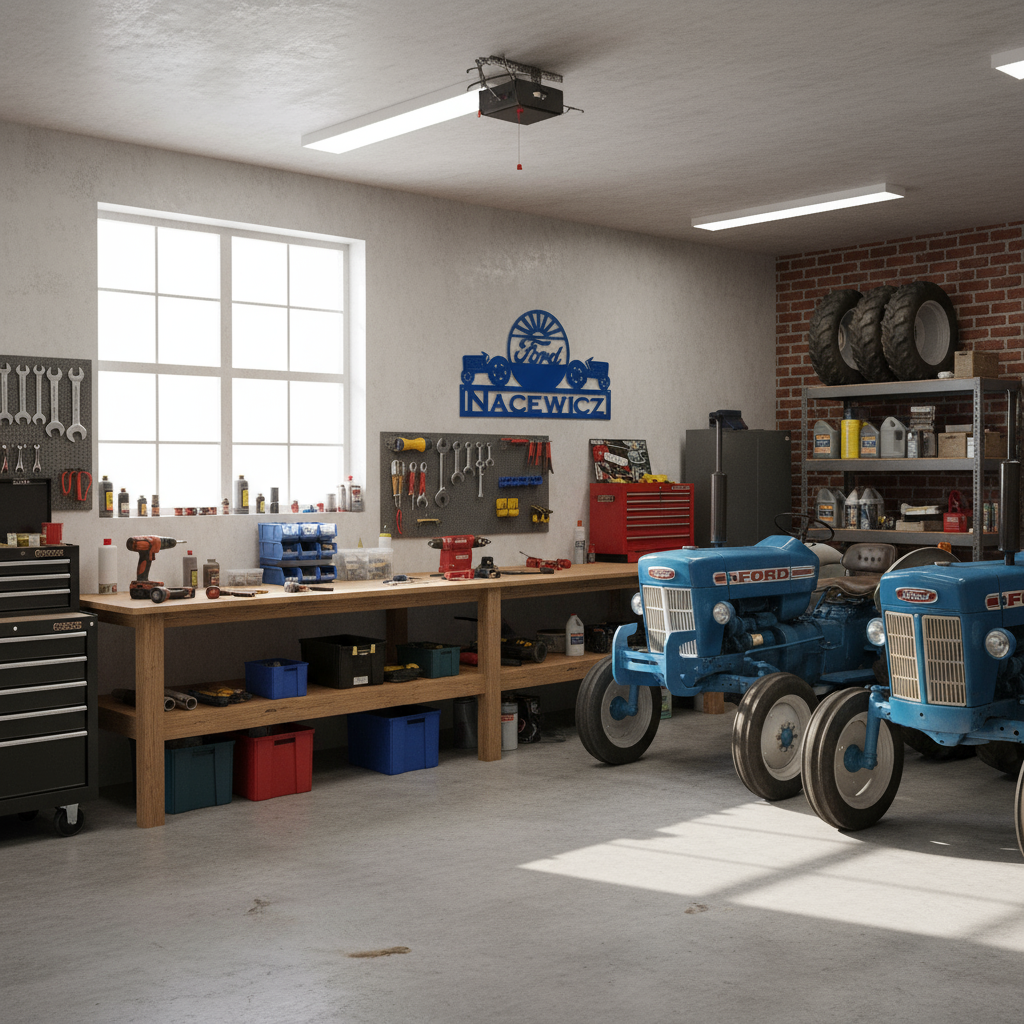 Ford tractor sign in garage