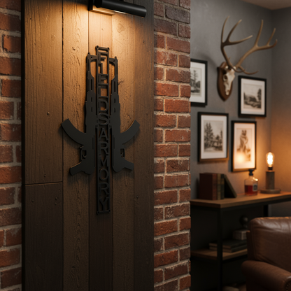 FUDS ARMORY sign on man cave wall