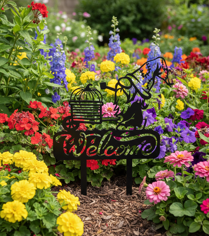 Gnome welcome yard stake in flower bed