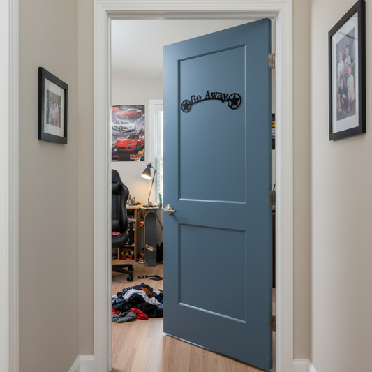 Go Away sign on boys room door