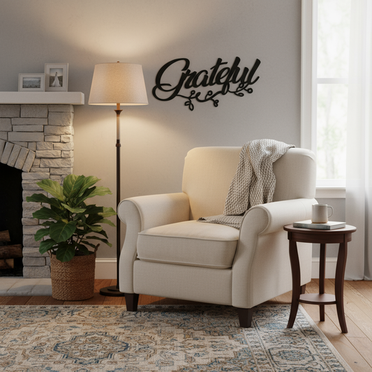 Grateful wall art in living room by chair