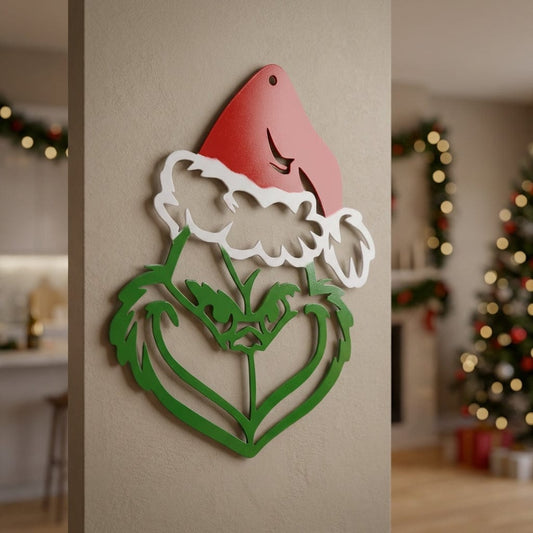 Green Christmas character metal wall art in the full-color finish shown