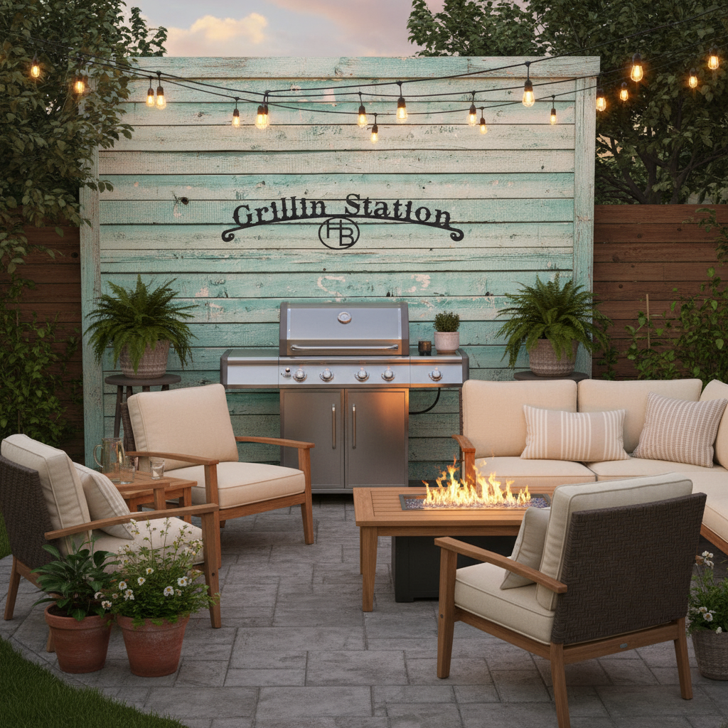Grillin Station Sign on Backyard Patio
