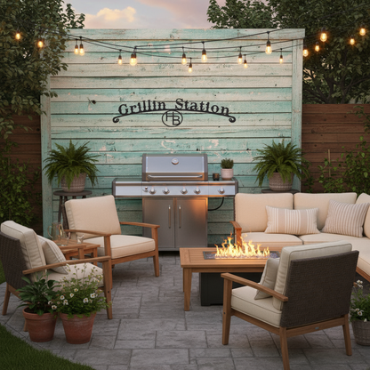 Grillin Station Sign on Backyard Patio