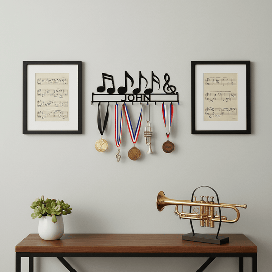 Personalized music note medal display rack in Matte Black