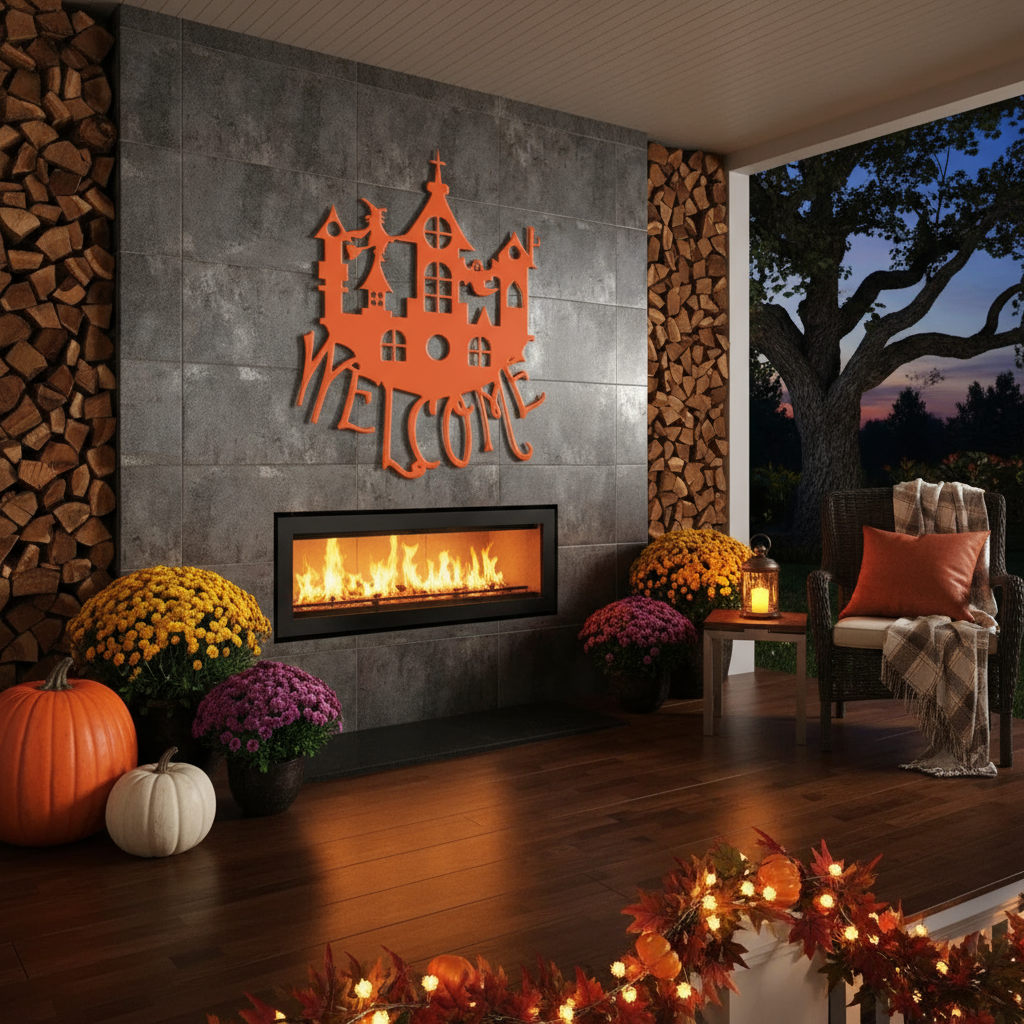 Halloween castle Welcome sign on porch