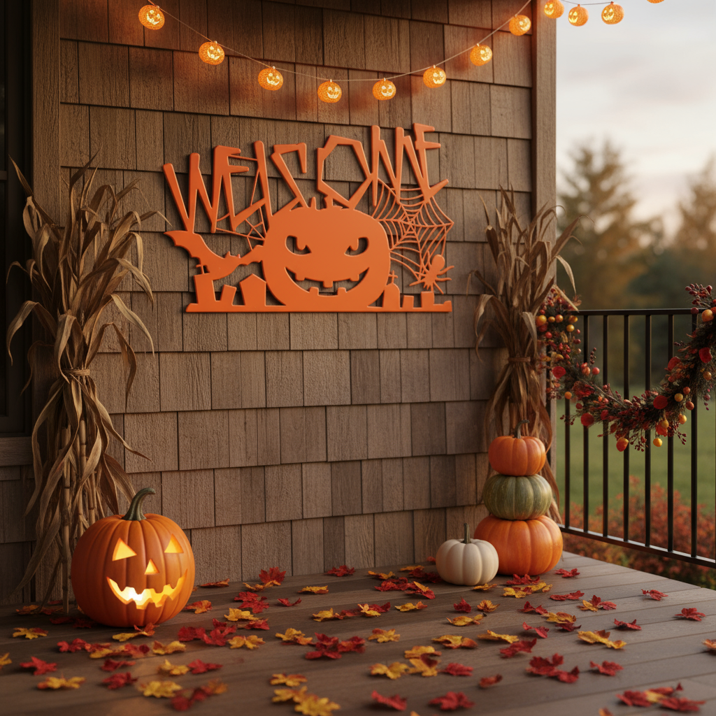 Halloween Welcome pumpkin sign on wood porch