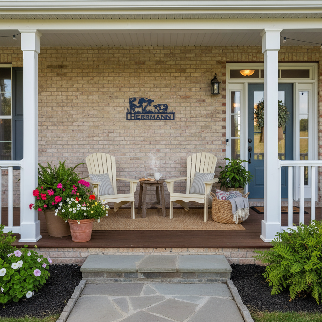 HERRMANN cow art on front porch