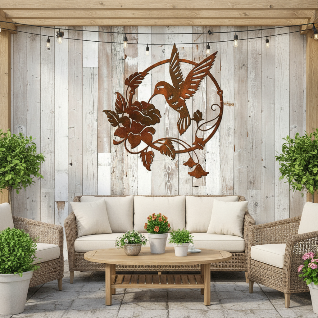 Hummingbird metal art on patio wall