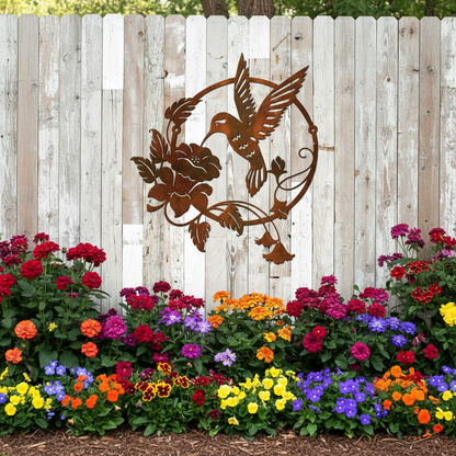 Hummingbird metal art on wooden fence by flower garden