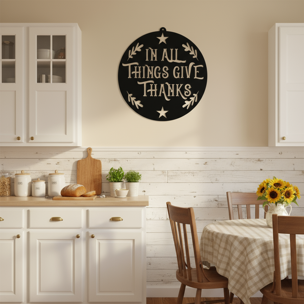 In All Things Give Thanks wall art in kitchen