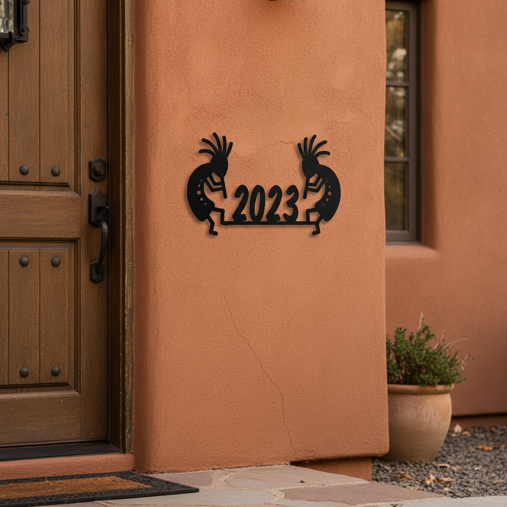 Kokopelli address sign on wall by front door - closer view