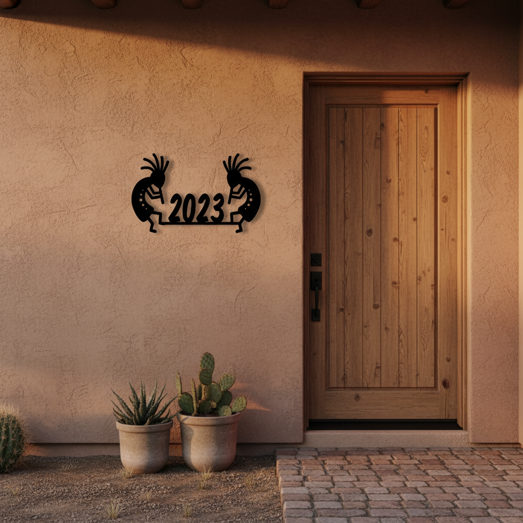Kokopelli address sign on wall by front door