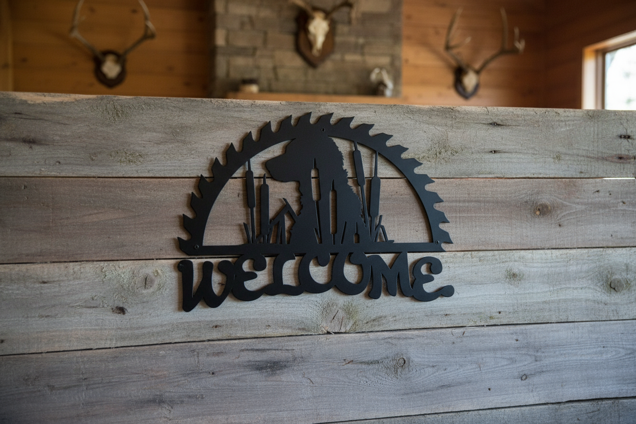 Lab with cattails welcome sign with attractive background