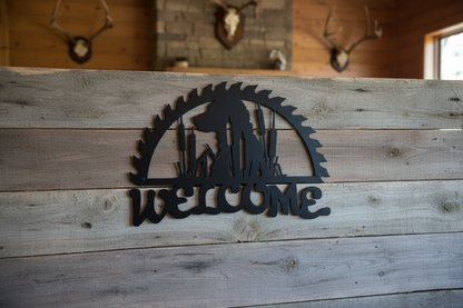 Lab with cattails welcome sign with attractive background