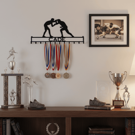 Personalized wrestler medal display rack in Matte Black