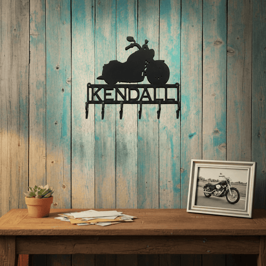 Matte Black personalized Road Hog motorcycle key holder on rustic wood wall
