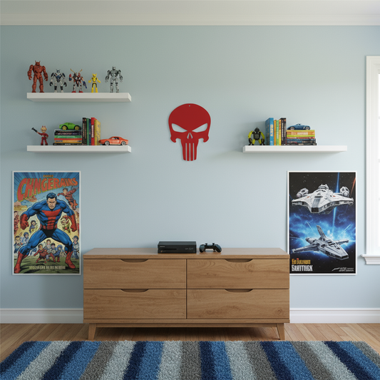 Medium-sized red skull wall art in boys bedroom