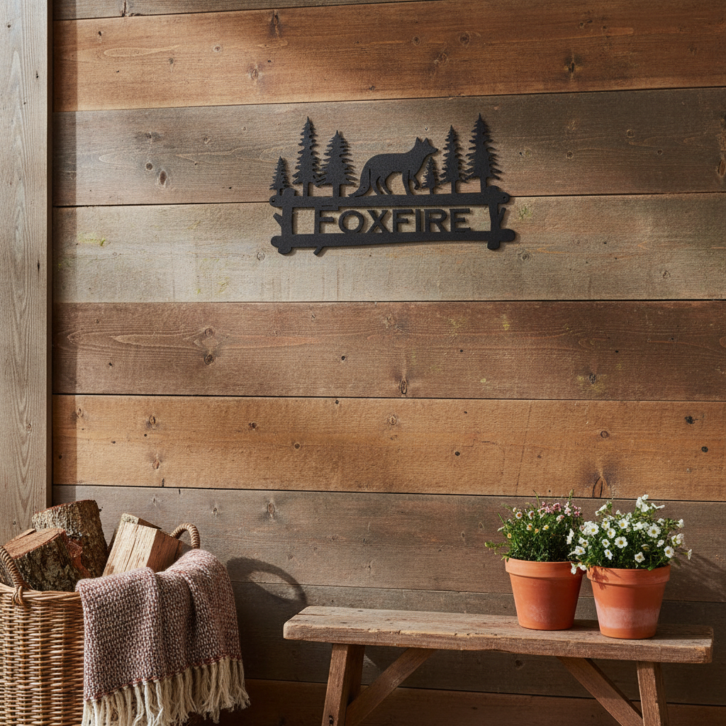 Metal fox and trees sign on porch wall
