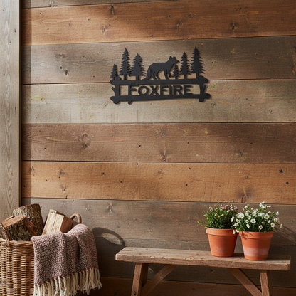 Metal fox and trees sign on porch wall