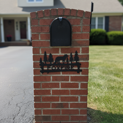 Metal fox sign on side of brick mailbox - head-on view