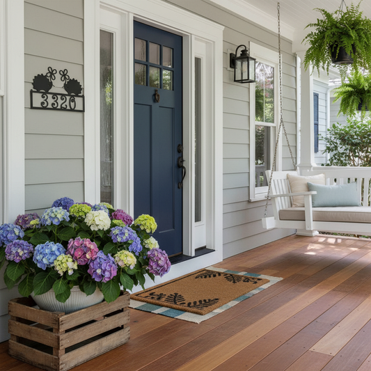 Metal hedgehog address sign on front porch