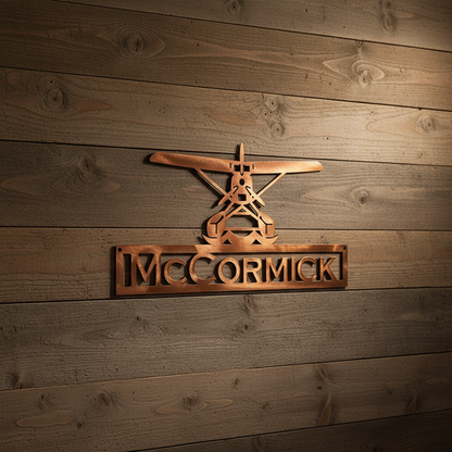 Metal seaplane sign on wooden wall