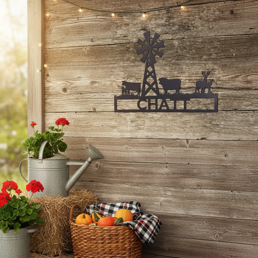 Metal windmill and farm animals sign on front porch wall