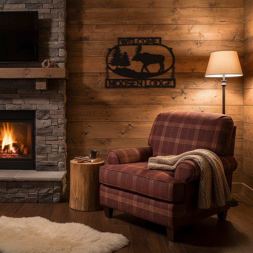 Moosenlodge sign on wooden den wall