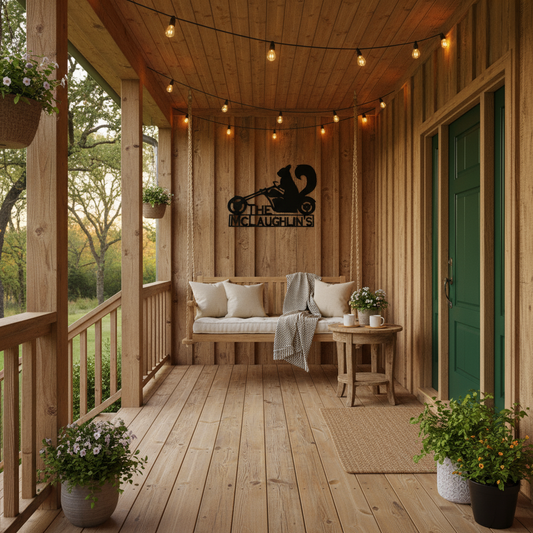 Motorcycle squirrel sign on front porch