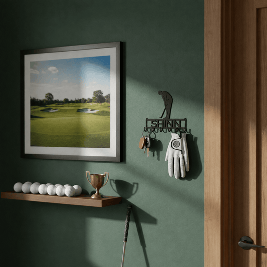 Matte Black personalized golfer key holder in a golf room