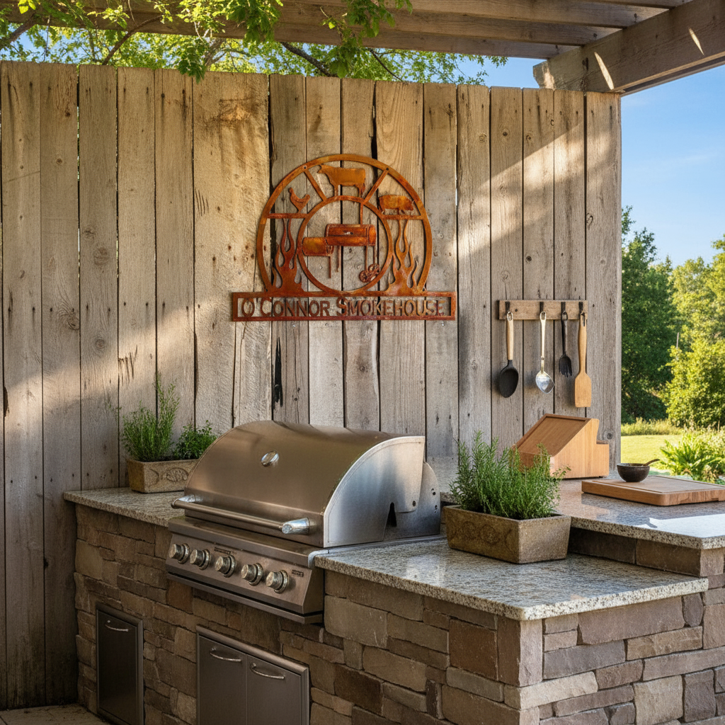 O'Connor Smokehouse sign on outdoor kitchen wall