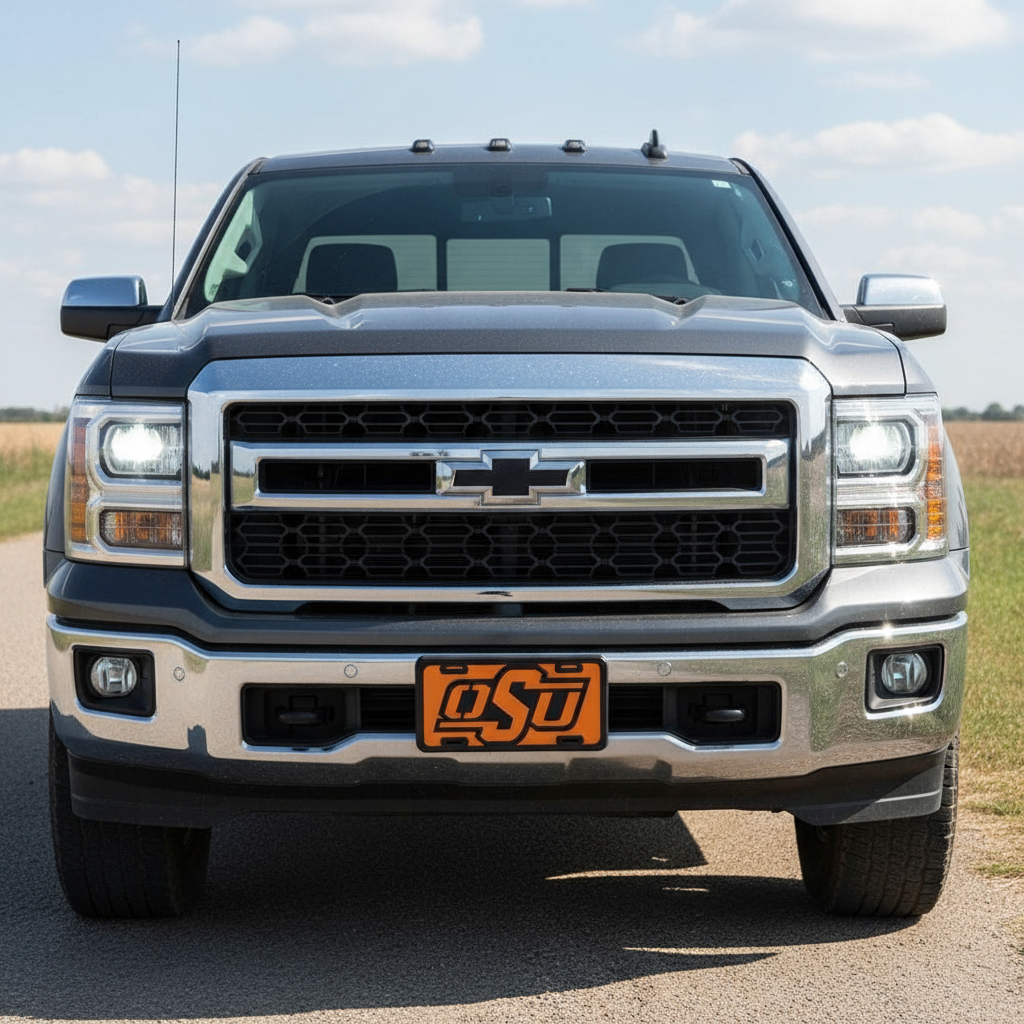 OSU license plate on truck front