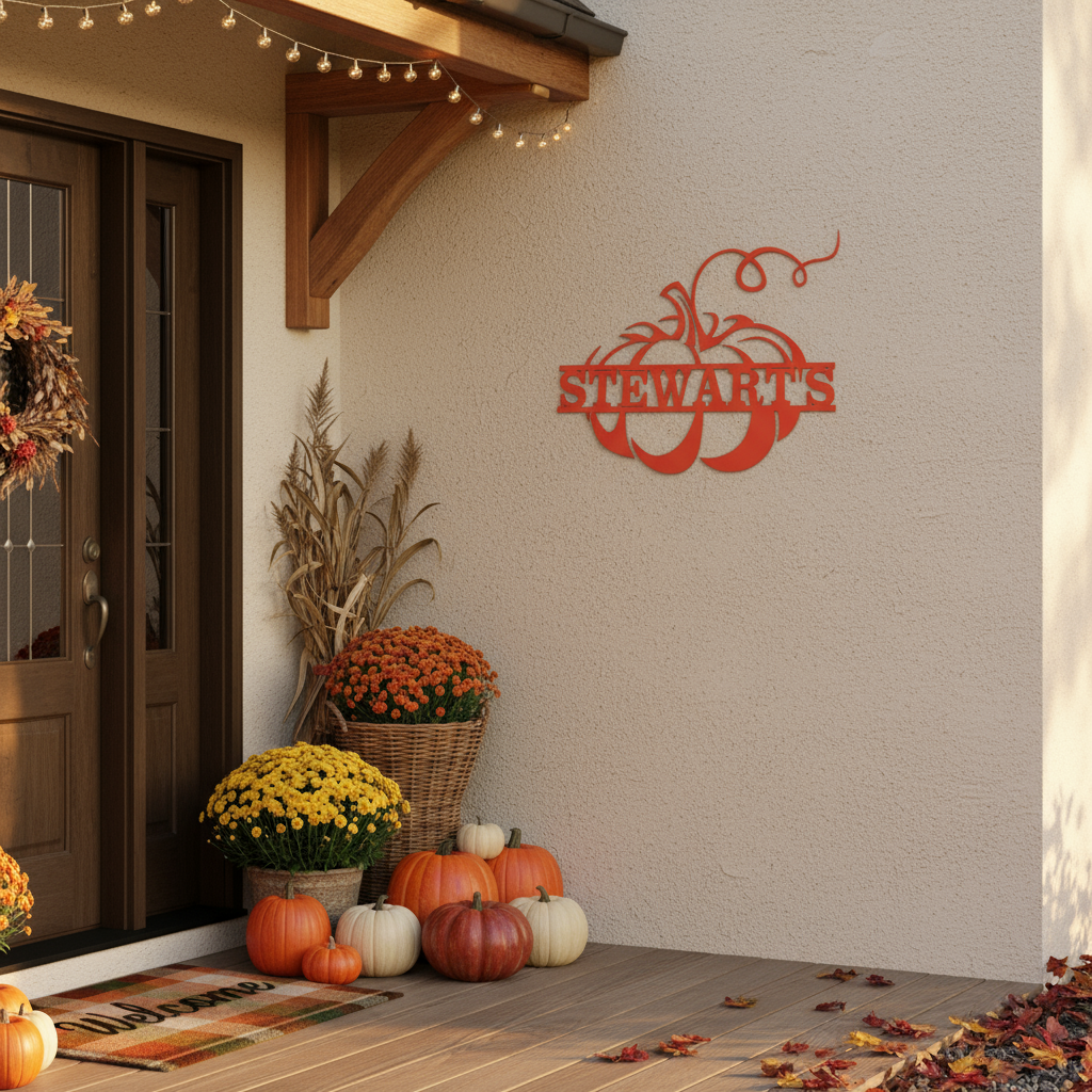 Personalized pumpkin wall art on front porch
