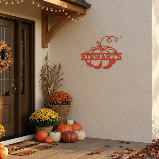 Personalized pumpkin wall art on front porch
