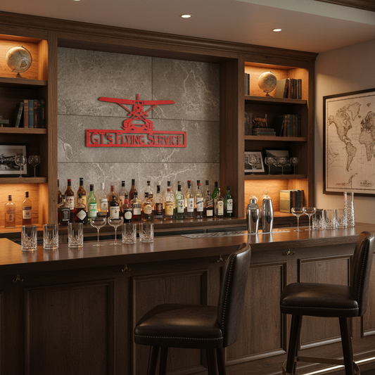 Red metal seaplane sign in home bar