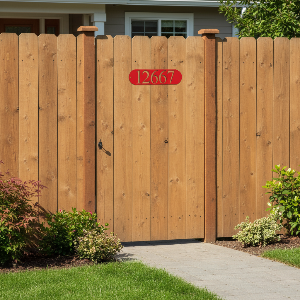 Red oval address plaque on solid wooden fence