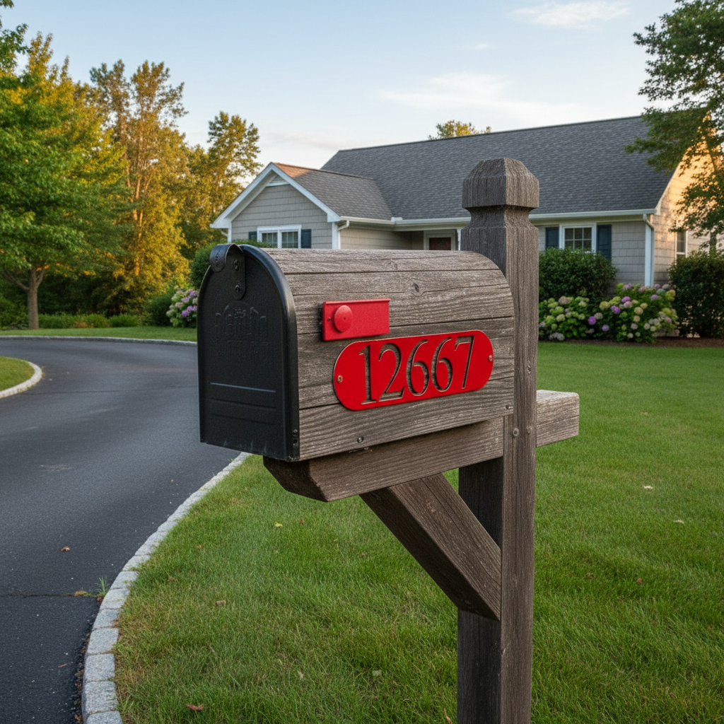 Red oval address plaque on wooden mailbox