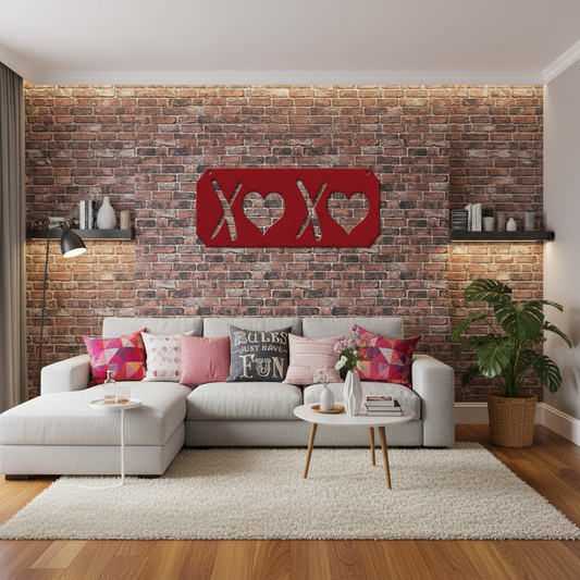 Red XOXO sign on living room wall
